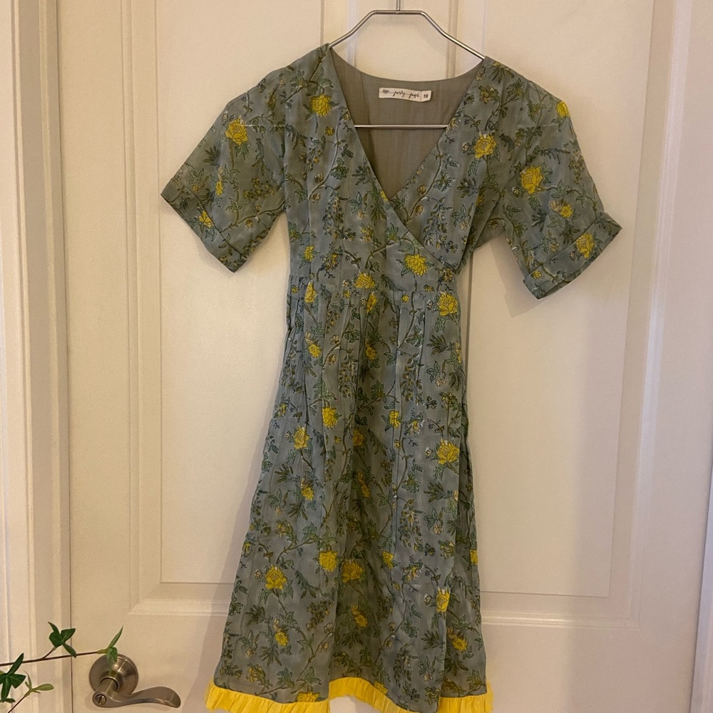 Little Paisley People Girls Linen Peasant Dress Olive Green Yellow Trim Size 10